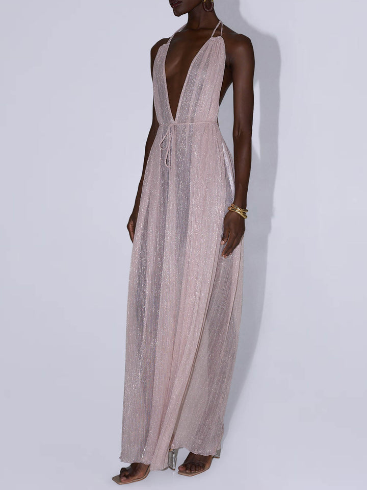 Elegant Tulle Pleated Evening Gown Maxi Dress