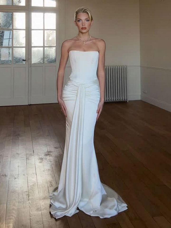 Elegant Strapless Ruched Drape Maxi Dress
