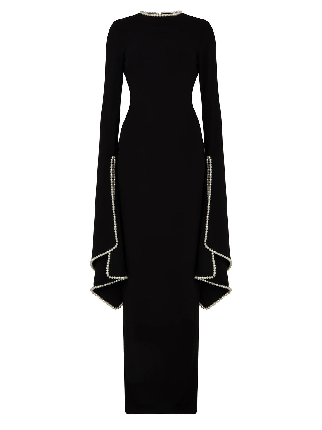 Elegant Pearl-trimmed Flared-sleeve Maxi Dress