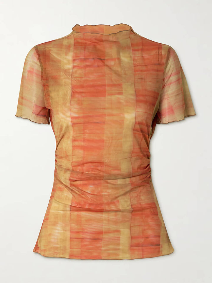 Unique Ruched Plaid Print Stretch Mesh T-Shirt