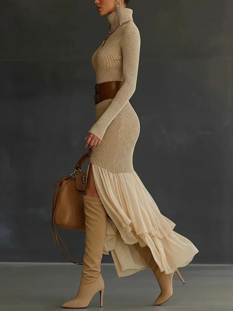 Elegant Asymmetrical Ruffled Knit Midi Dress