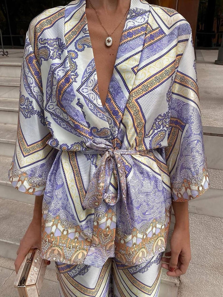 Elegant Unique Pattern Print Elastic Waist Loose Straight Pants