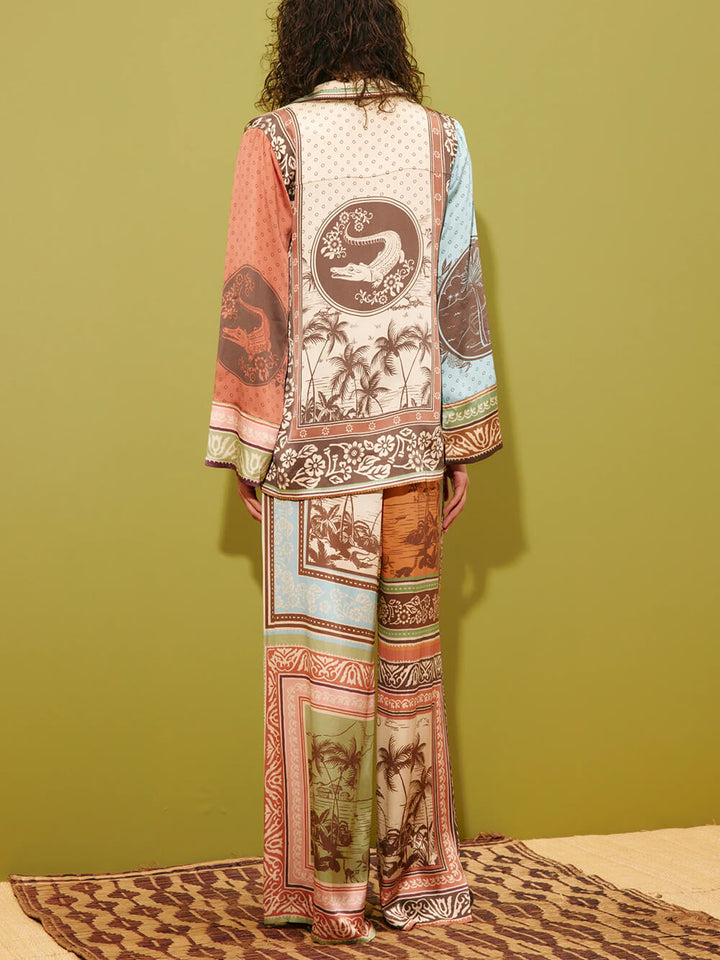 Unique Satin Floral Print Button-Up Shirt with Elastic Waist Pockets And Wide-Leg Pants Set