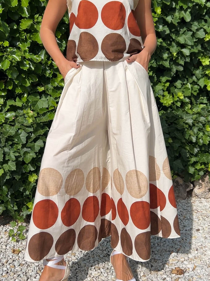 Retro Unique Round Print Pocket Pleated Flared Pants