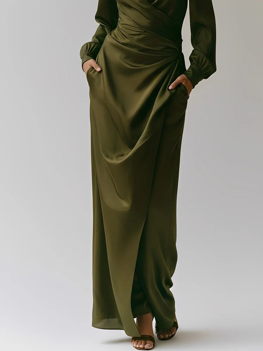 Elegant Satin Draped Shirt Maxi Dress