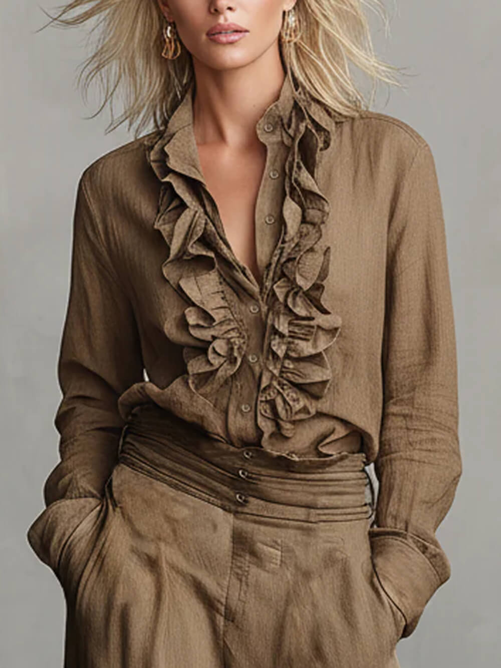 Unique Linen High-Waisted Loose Pockets Wide-Leg Pants