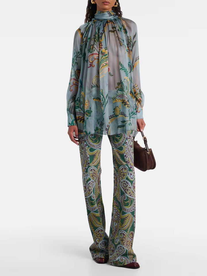 Delicate Floral Print Pleated Tie-Front Chiffon Blouse