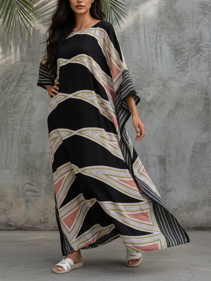 Retro Puzzle Print Kimono Beach Maxi Dress