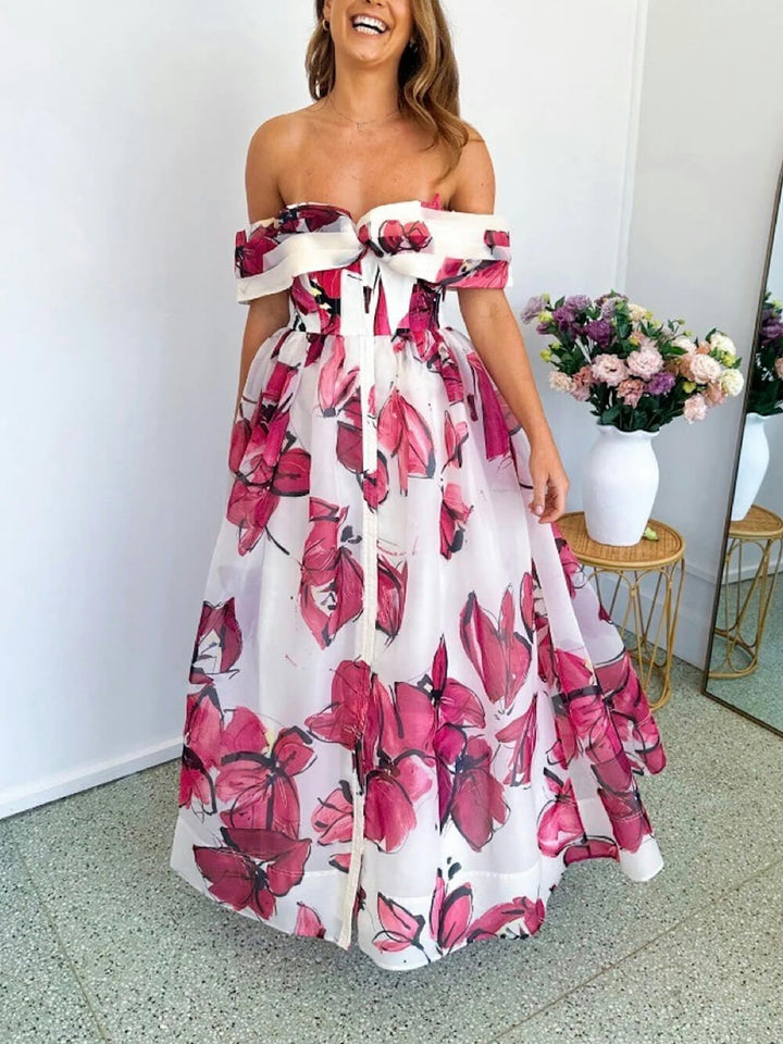 Delicate Playful Floral Print Cinched Waist Maxi Dress