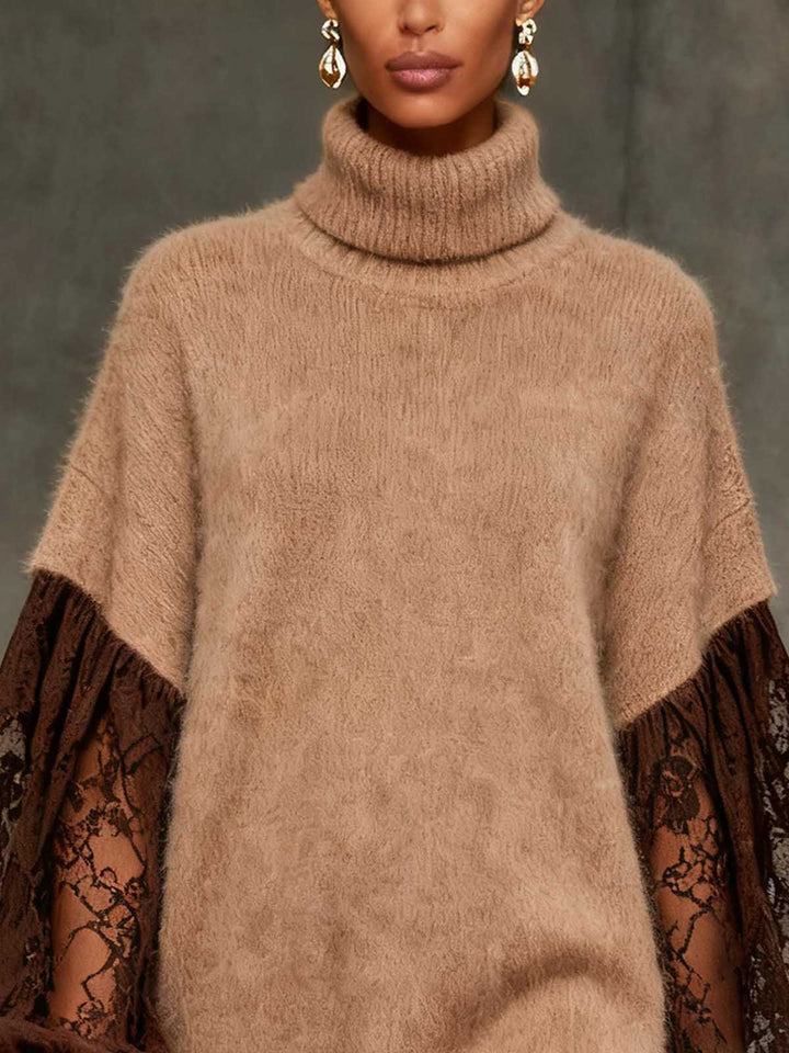 Elegant Lace Sleeve Plush Turtleneck Sweater Dress