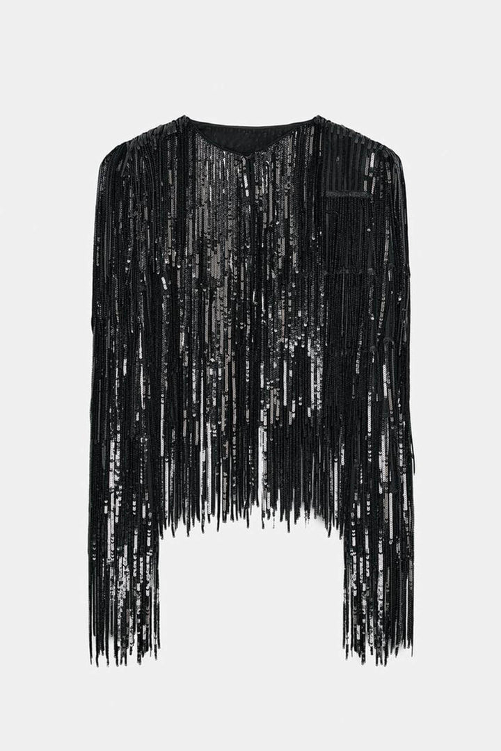 Exquisite Sequin Fringe Long-Sleeve Jacket And Skirt Set