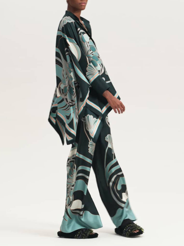 Elegant Abstract Print Satin Shirt & Wide Leg Pants Set