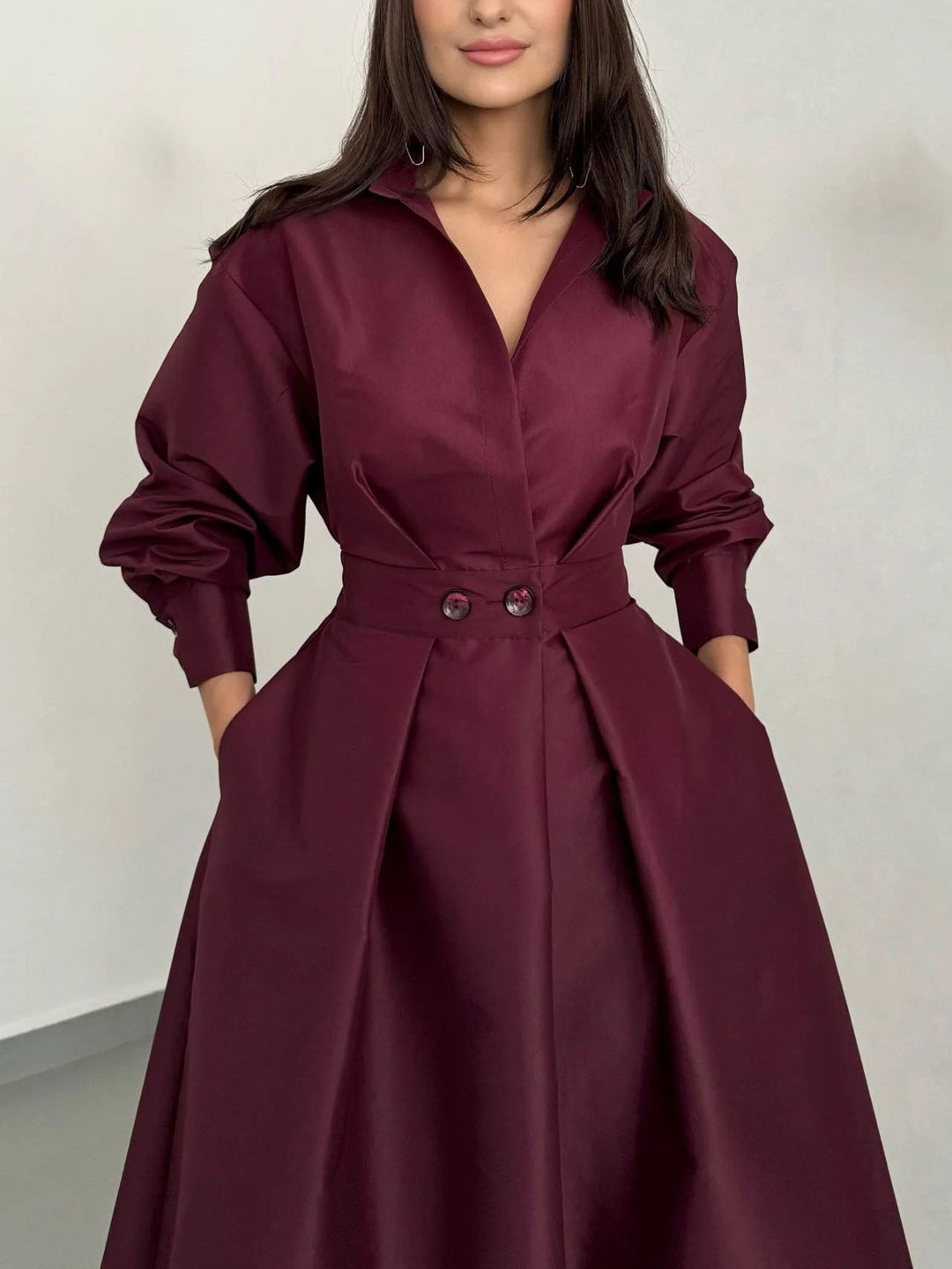 Elegant Collared Long-Sleeve A-Line Midi Dress