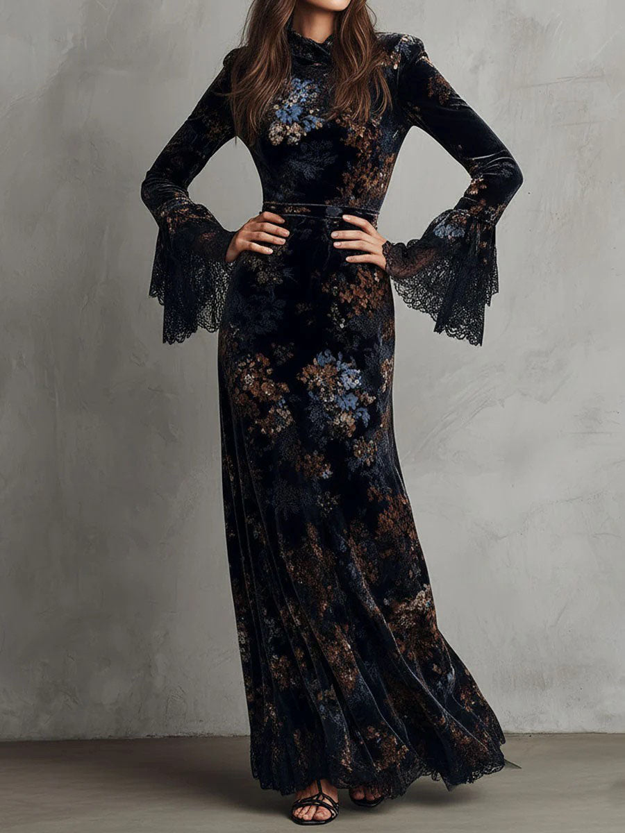 Exquisite Velvet Floral Print Pleated Maxi Dress