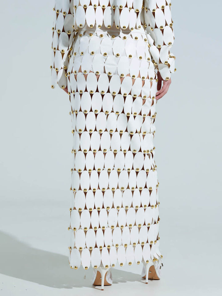 Exquisite Cut-Out Studded PU Maxi Skirt