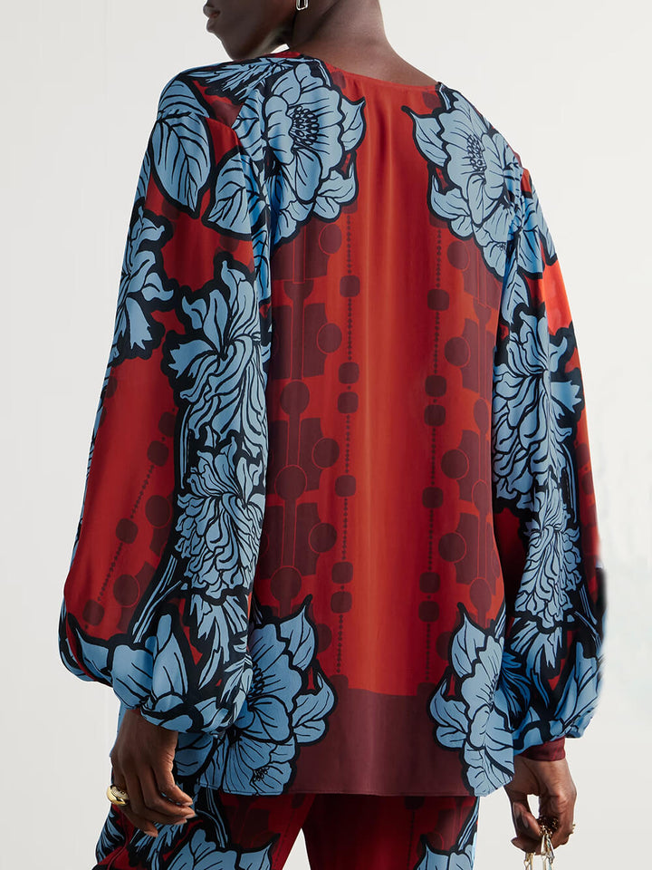 Unique Color-Block Print V-Neck Satin Loose Shirt