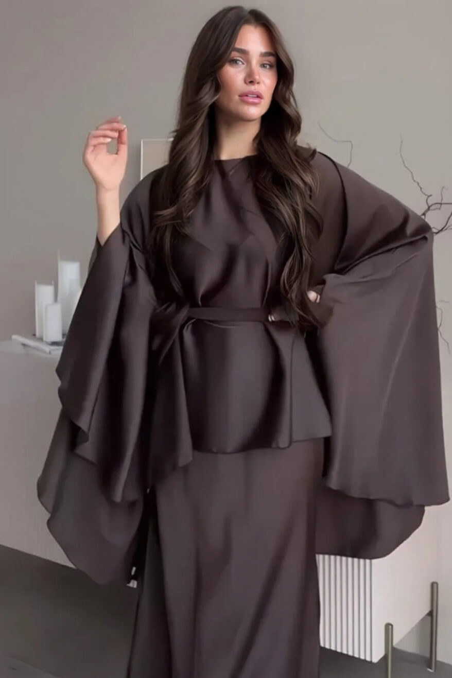 Fashionable Round Neck Irregular Batwing Sleeve Top Slim-Fit Maxi Skirt Set