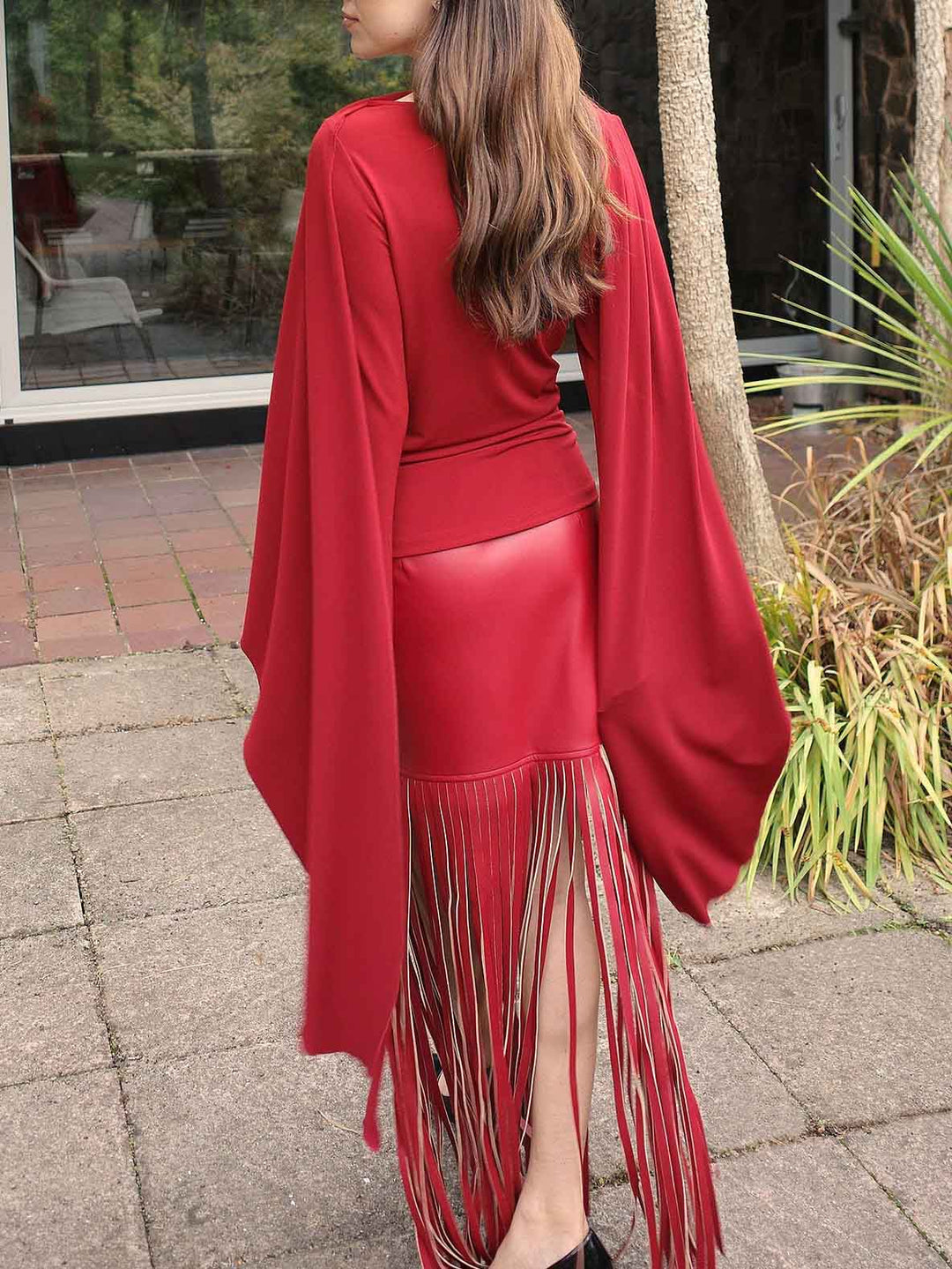 Exquisite High-Slit Fringe Leather Midi Skirt