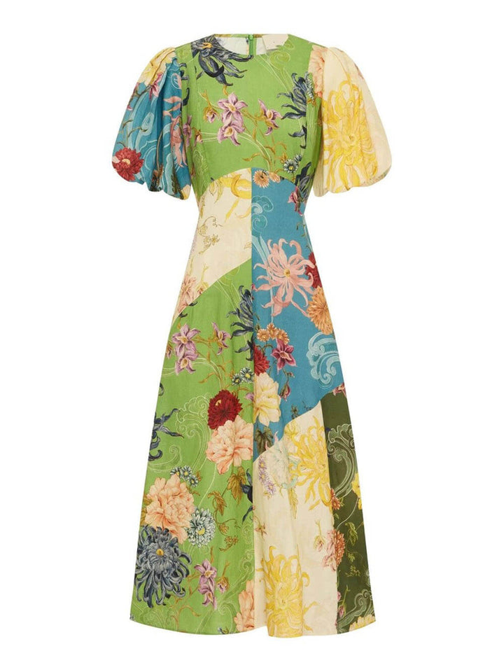 Casual Personalized Graffiti Print Lantern Sleeve Round Neck Linen Maxi Dress