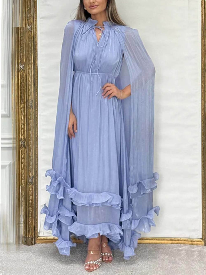 Exquisite Fashionable V-neck Lace-up Ruffled Double-layer Hem Maxi Dress