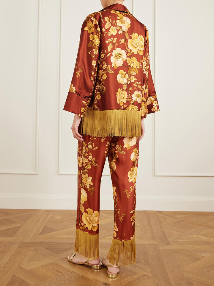 Exquisite Fringe Floral Print Satin Twill Relaxed Shirt