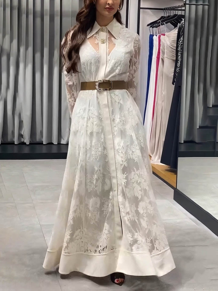 Elegant Floral Lace Long-Sleeved Shirt Maxi Dress