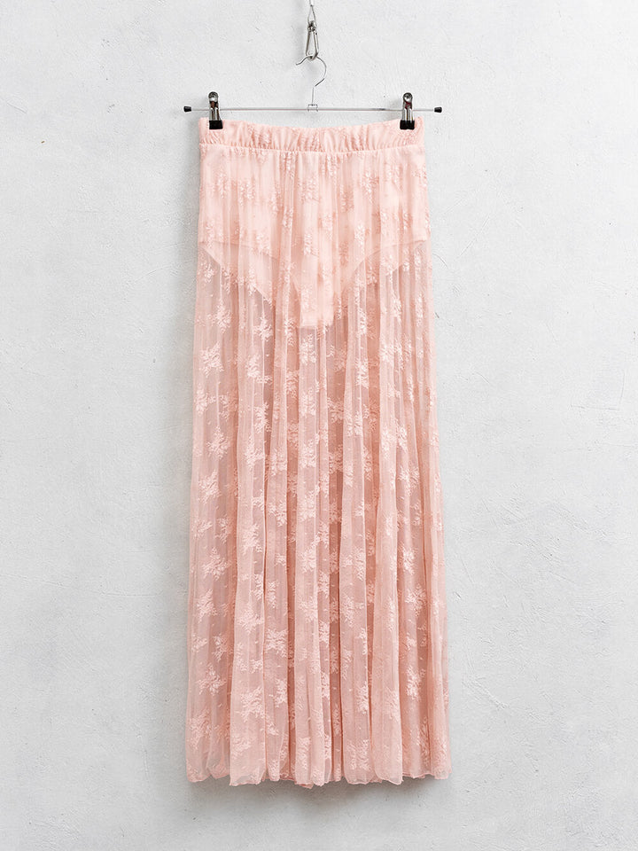 Elegant Mesh Ruffled Lace High-Neck Blouse & Elastic Waist Skirt Set
