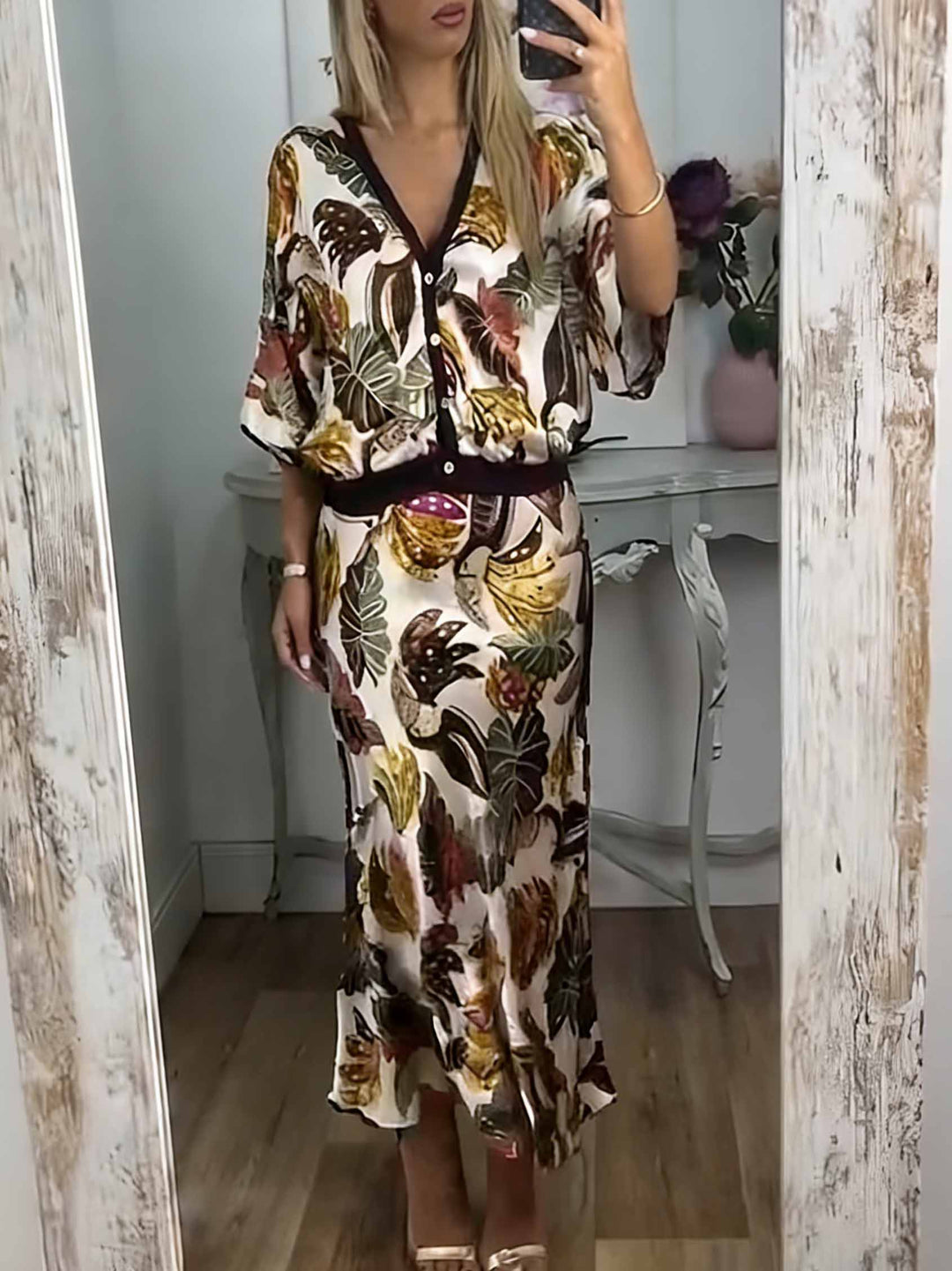Retro Jungle Palm Leaf Satin Print Skirt