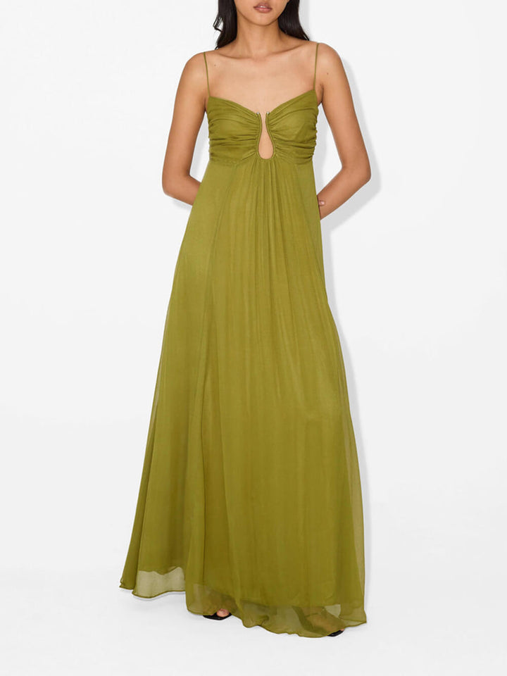 Elegant Metal Hollow Design Back Smocked A-line Slip Maxi Dress