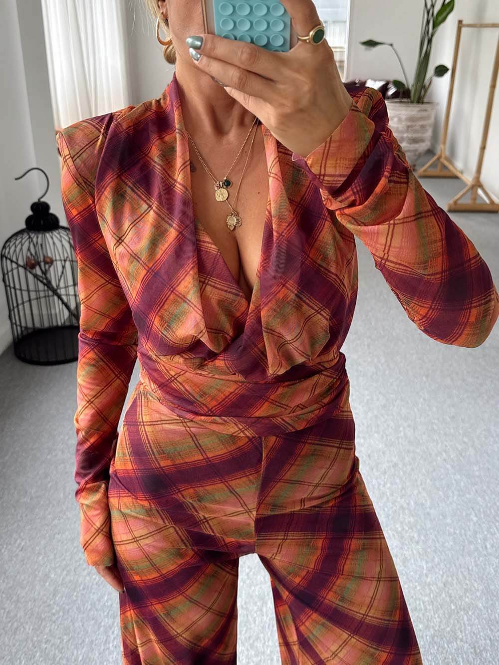Unique Plaid Print Sheer High-Waist Straight Pants