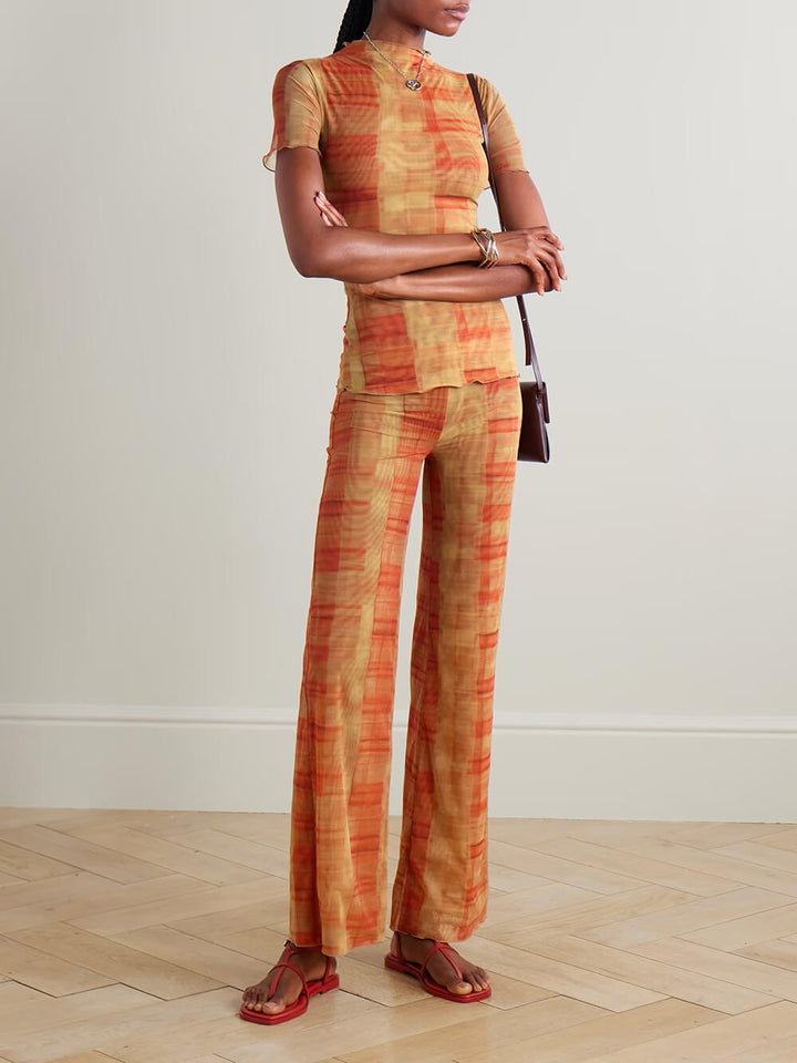 Unique Ruched Plaid Print Stretch Mesh T-Shirt