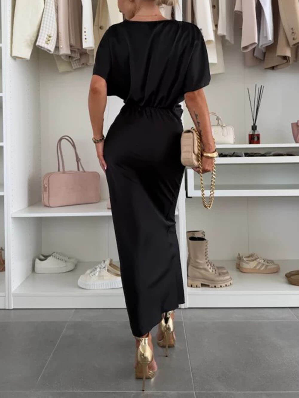 Graceful Satin Solid Color V-neck Cross Knot Slim Maxi Dress