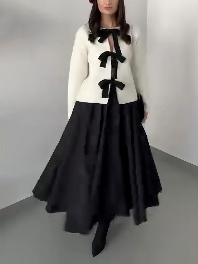Elegant Bow-Knit Cardigan And A-Line Maxi Skirt Set