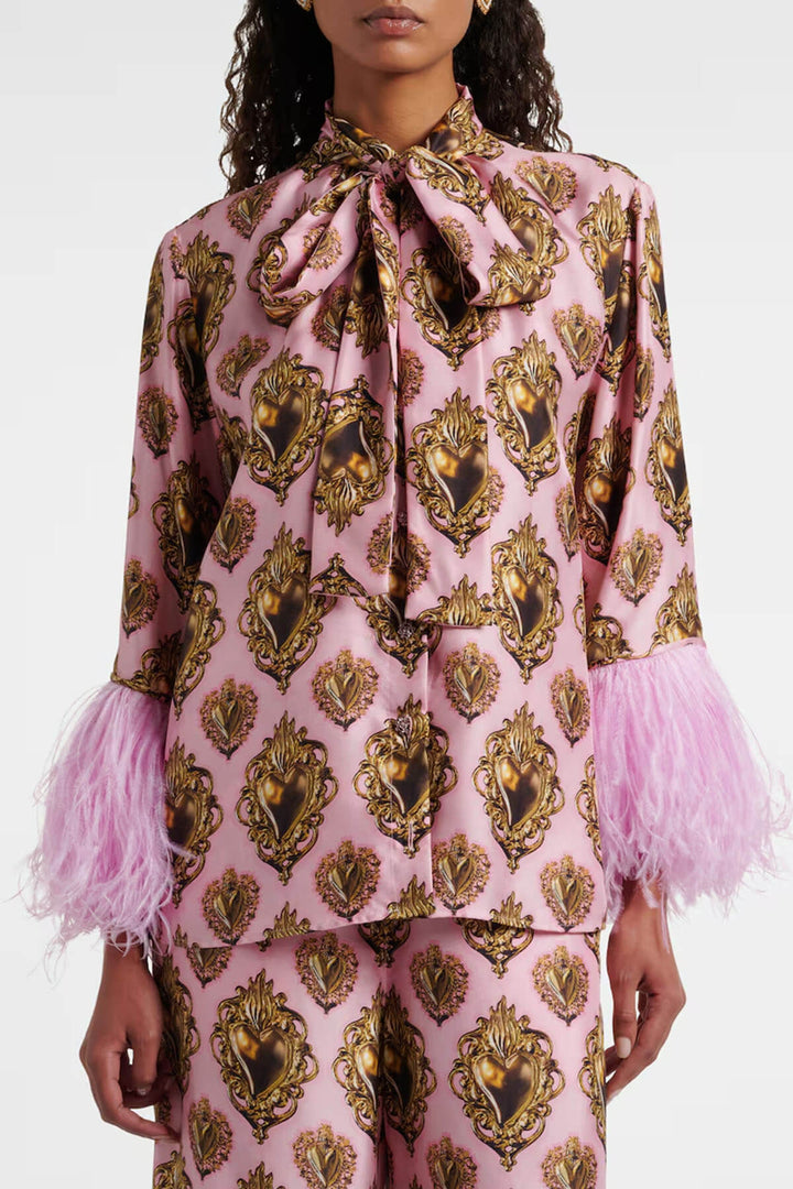 Exquisite Printed High-Waisted Satin Wide-Leg Pants