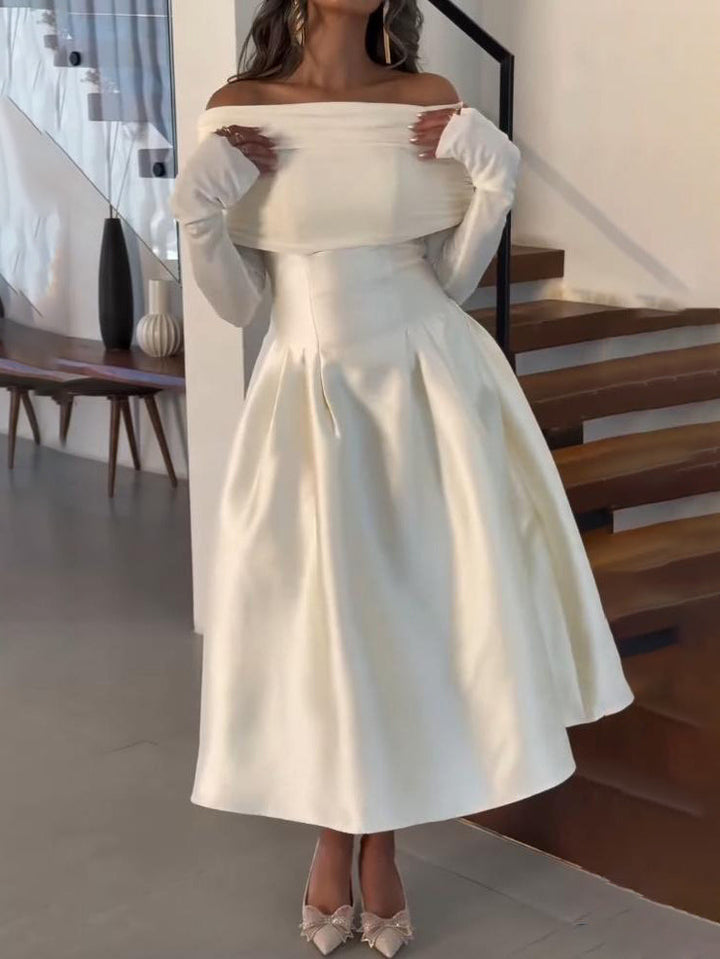 Elegant Off-Shoulder Satin Midi Dress