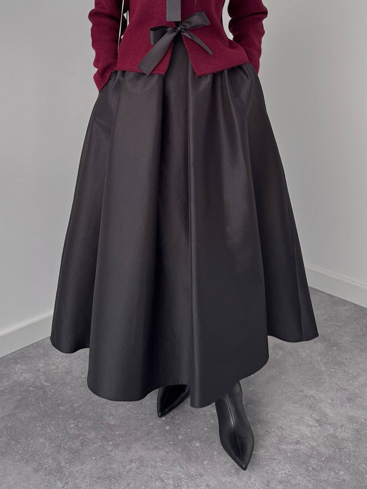 Elegant Bow-Knit Cardigan And A-Line Maxi Skirt Set