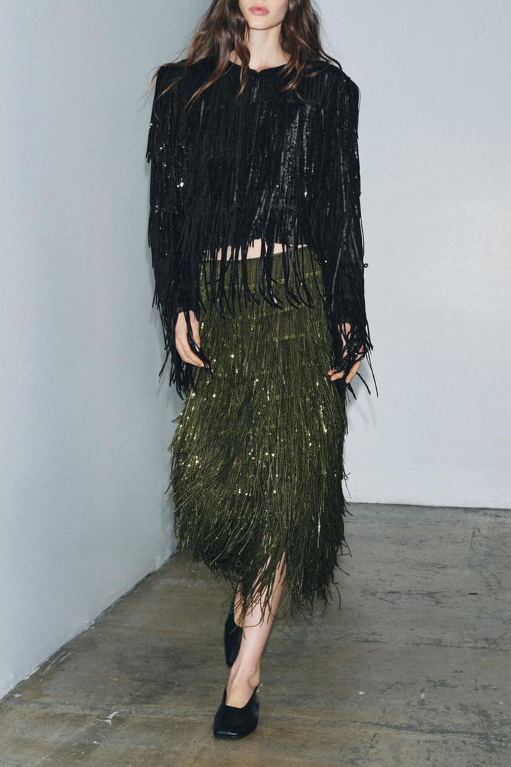 Exquisite Sequin Fringe Embellished Round-Neck Long-Sleeve Jacket