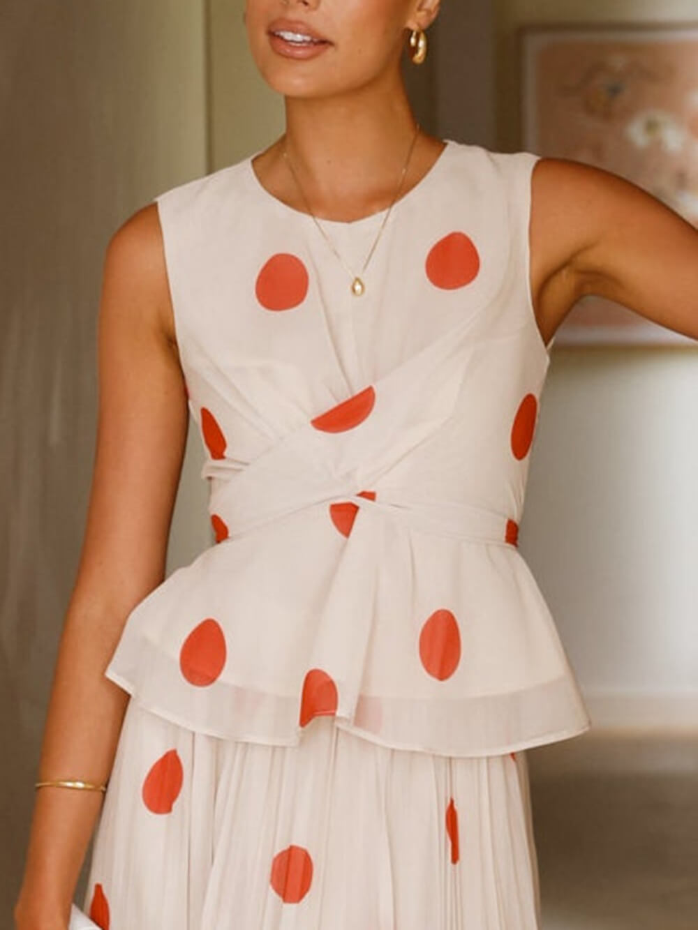 Delicate Red Polka Dot Print Ruffled Cross-Over Top