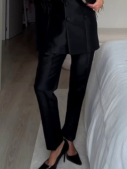 Elegant Satin Feather-embellished Double-breasted Blazer