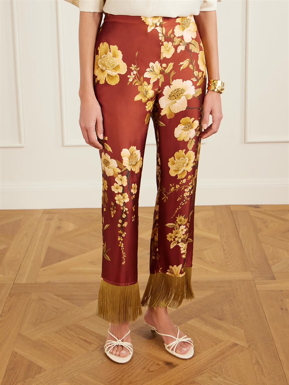 Exquisite Fringe Floral Print Satin Shirt and Elastic-Waist Wide-Leg Pants Set