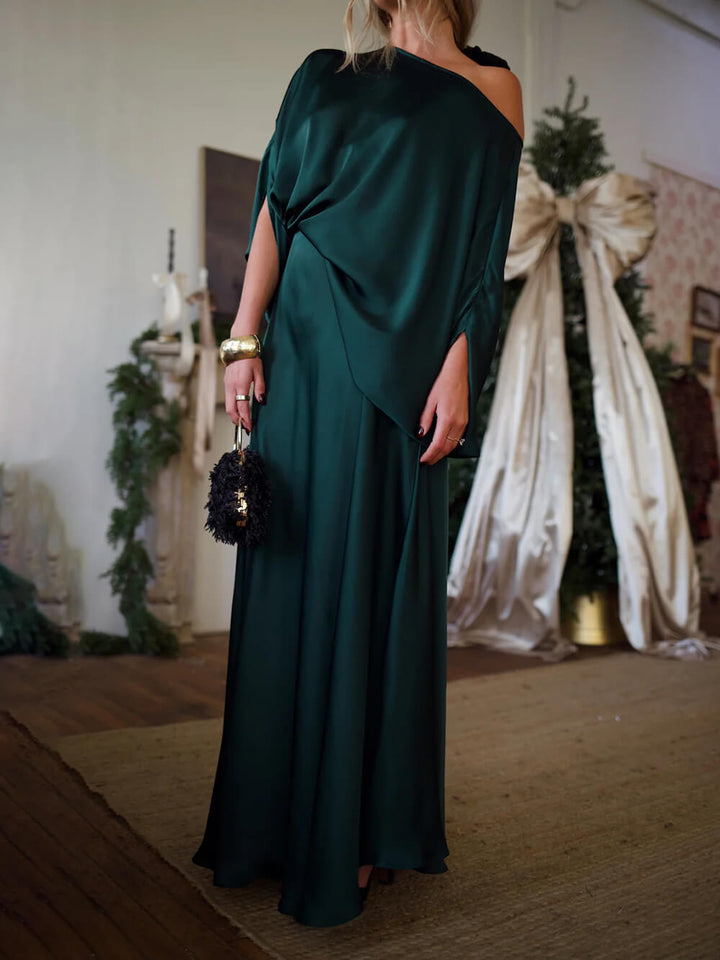 Exquisite Satin Pleated Shirt and High-Waist Maxi Skirt Set