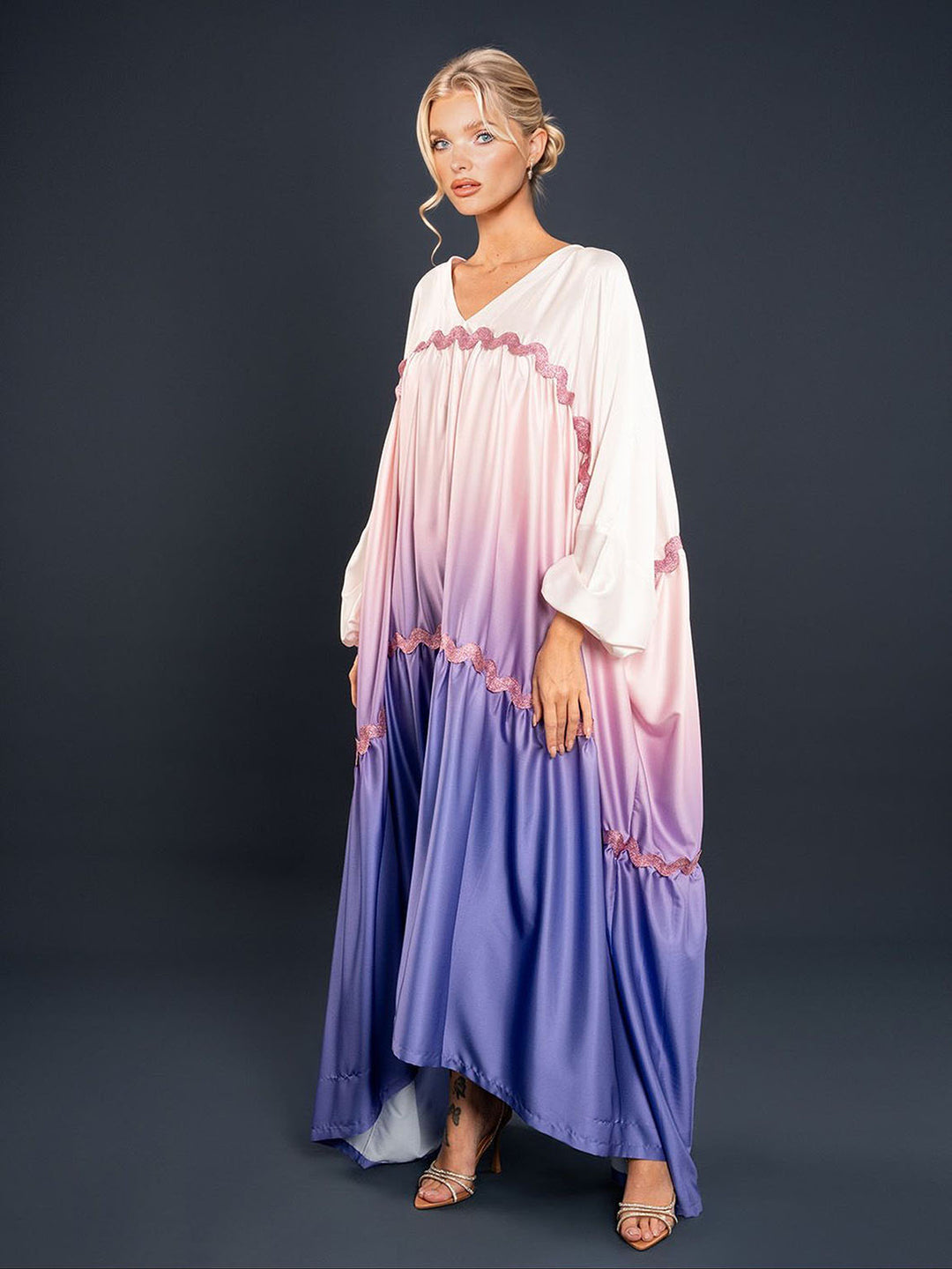 Elegant Satin Gradient Print Maxi Dress