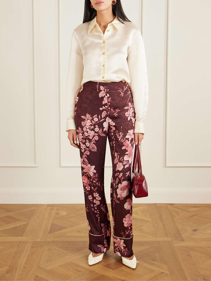 Exquisite Floral Print Satin Button-Up Shirt