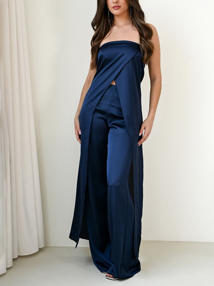 Elegant Strapless Satin Top & Pants Two-Piece Set