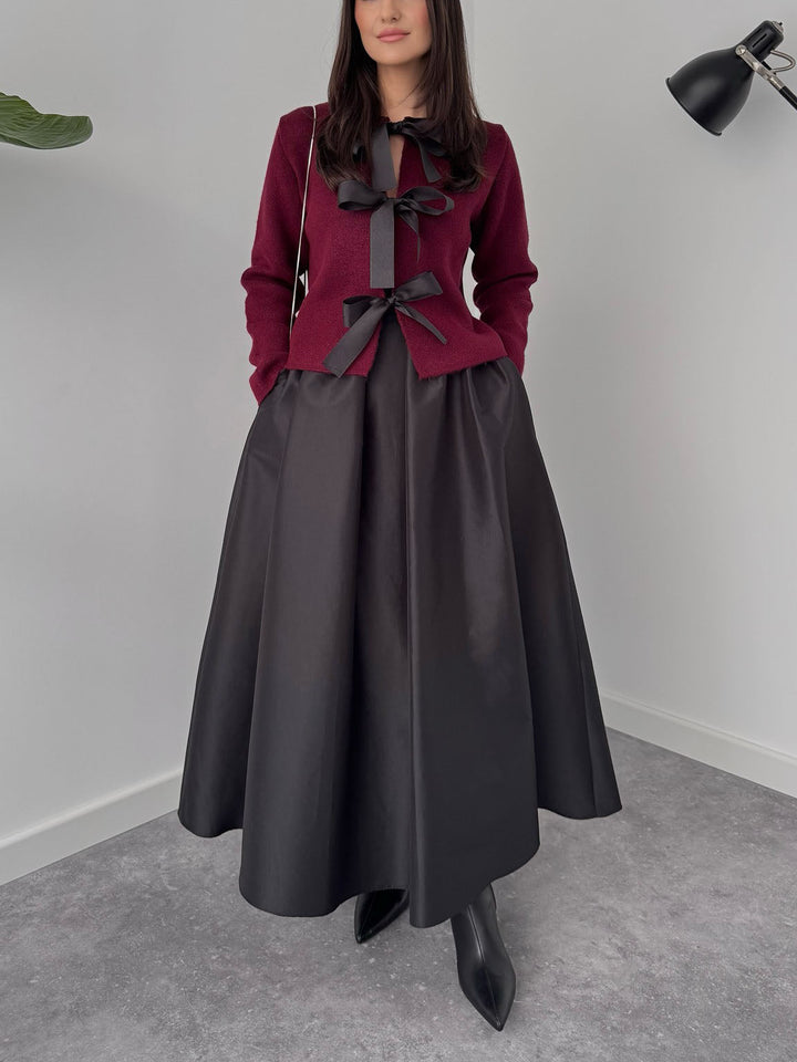 Elegant Bow-Knit Cardigan And A-Line Maxi Skirt Set