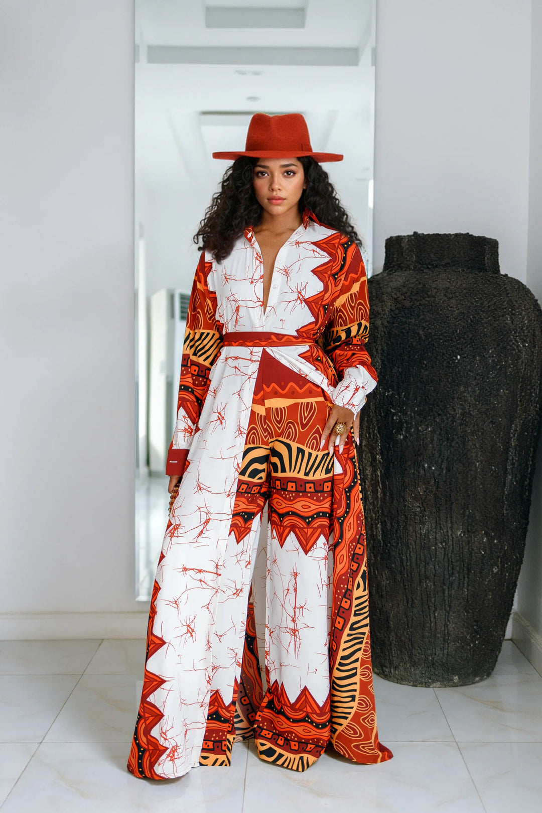 Unique Fashionable Ethnic Print High-Waist Wide-Leg Pants