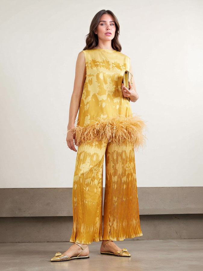 Exquisite Abstract Print Sleeveless Feather-Trim Top