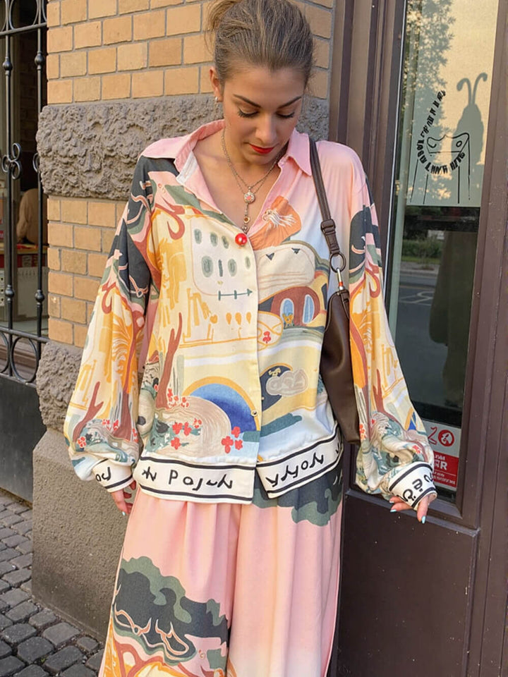 Unique Satin Landscape Print Loose Elastic Waist Pocket Wide Leg Pants