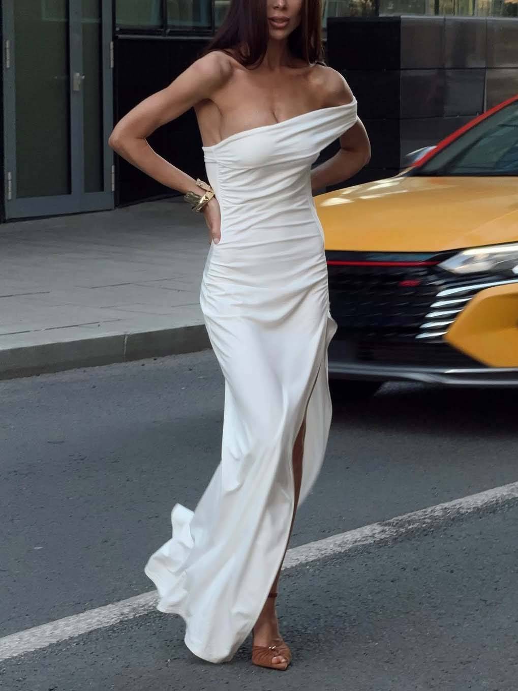 Off-shoulder Pleated Side Slit Maxi Dress