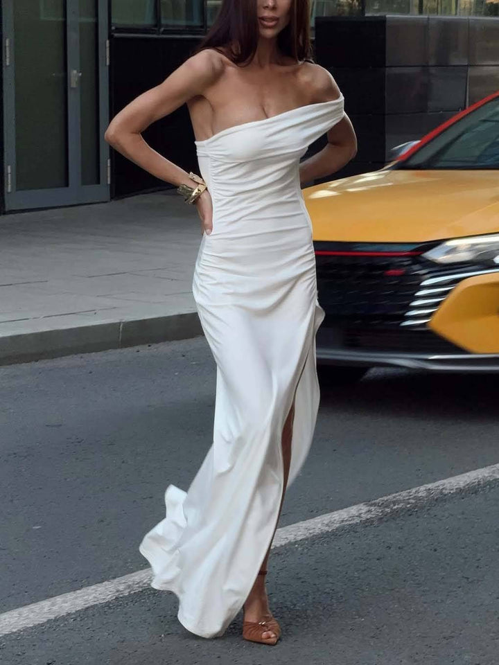 Off-shoulder Pleated Side Slit Maxi Dress